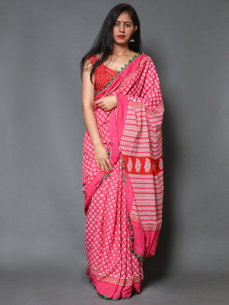 Pink & White Ethnic Motif Cotton Saree for Women