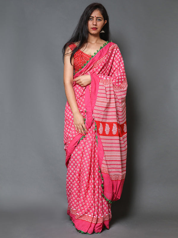 Pink & White Ethnic Motif Cotton Saree for Women