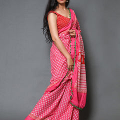 Pink & White Ethnic Motif Cotton Saree for Women