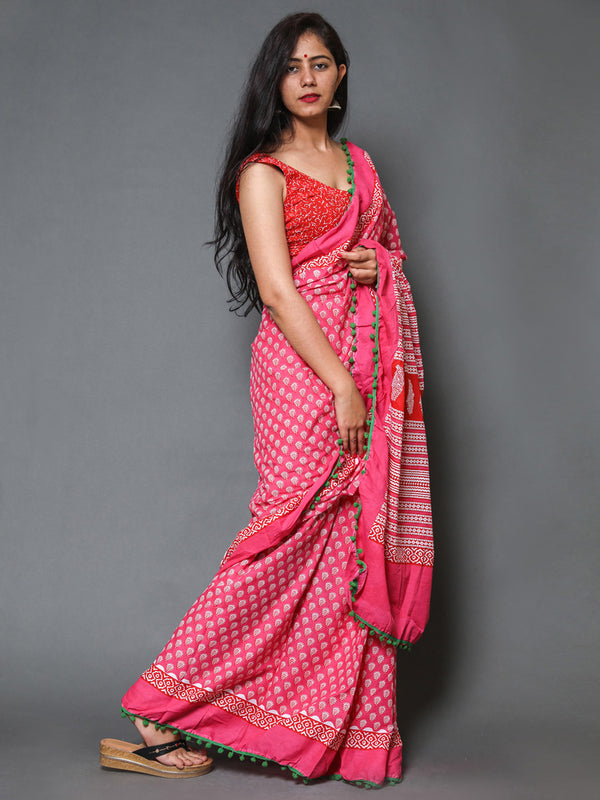 Pink & White Ethnic Motif Cotton Saree for Women