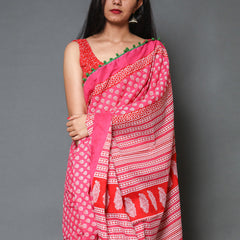 Pink & White Ethnic Motif Cotton Saree for Women