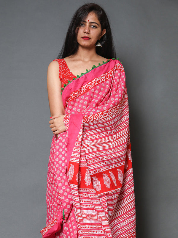 Pink & White Ethnic Motif Cotton Saree for Women