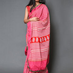 Pink & White Ethnic Motif Cotton Saree for Women