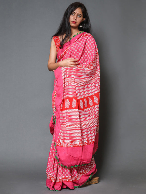 Pink & White Ethnic Motif Cotton Saree for Women