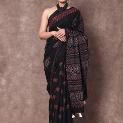 Black & Pink Ethnic Motifs Pure Cotton Saree for Women