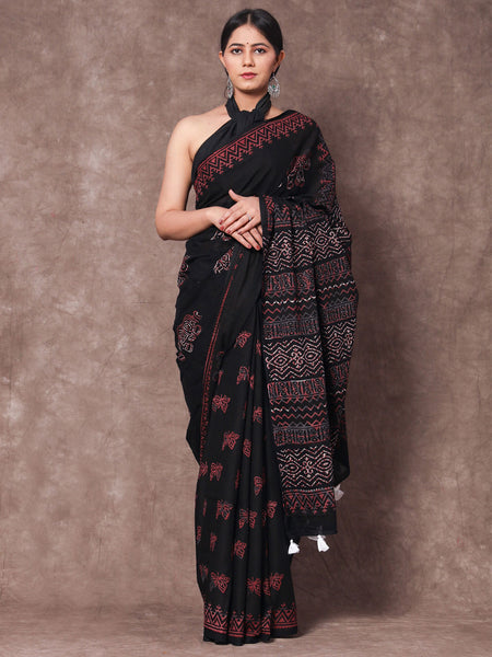 Black & Pink Ethnic Motifs Pure Cotton Saree for Women