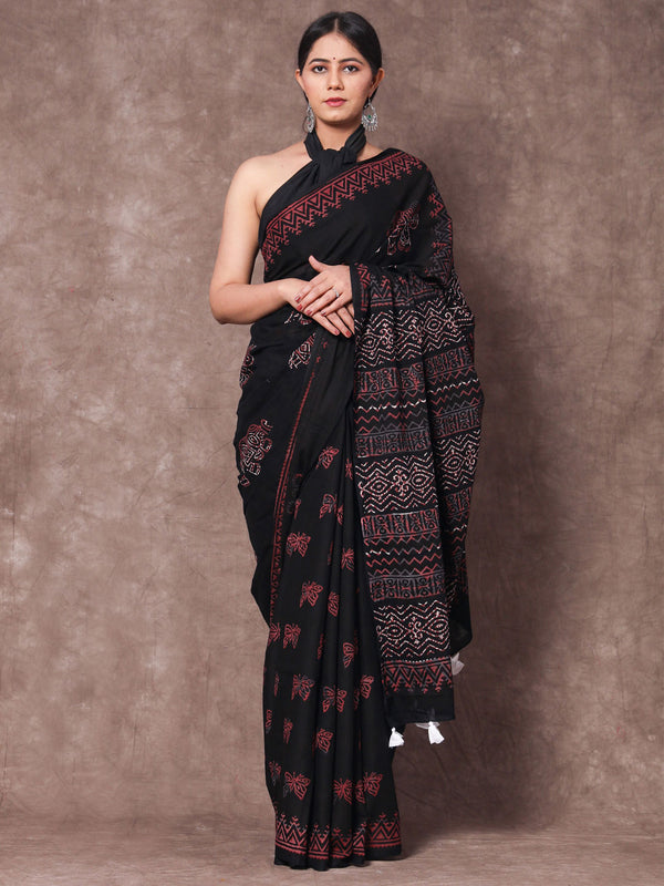 Black & Pink Ethnic Motifs Pure Cotton Saree for Women