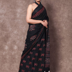 Black & Pink Ethnic Motifs Pure Cotton Saree for Women
