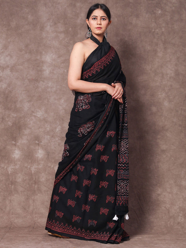 Black & Pink Ethnic Motifs Pure Cotton Saree for Women