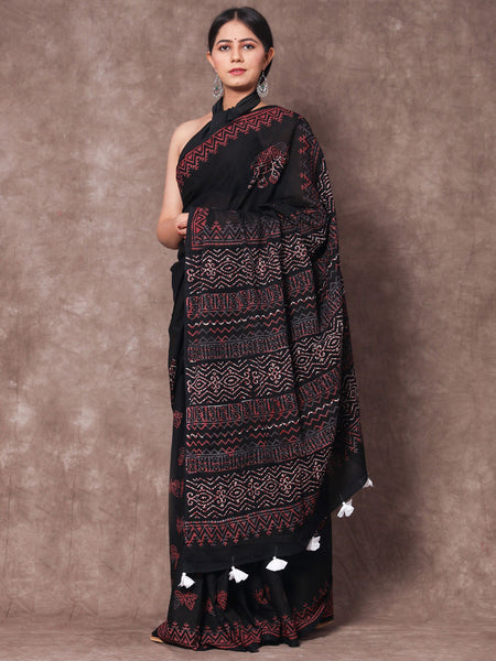 Black & Pink Ethnic Motifs Pure Cotton Saree for Women