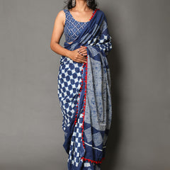 Blue & White Checked Pure Cotton Saree for Women