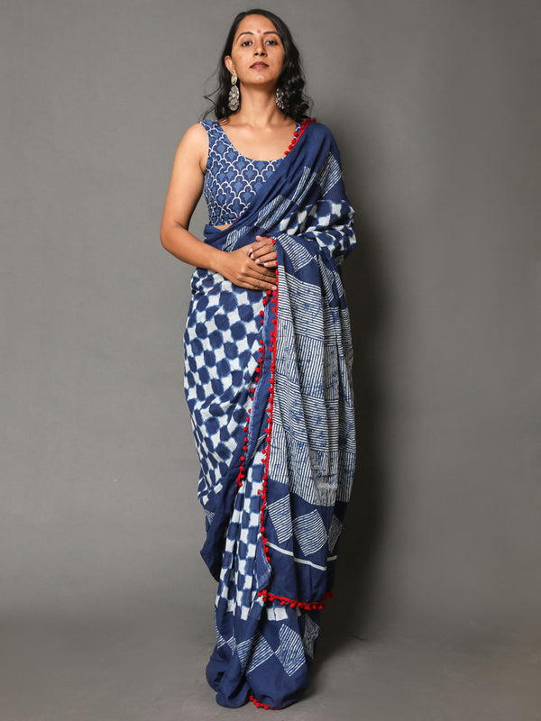 Blue & White Checked Pure Cotton Saree for Women