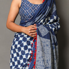 Blue & White Checked Pure Cotton Saree for Women