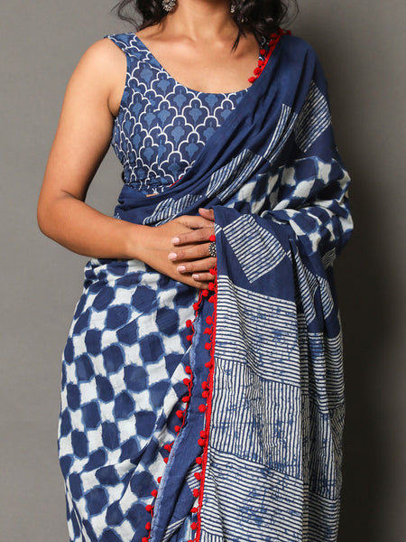 Blue & White Checked Pure Cotton Saree for Women
