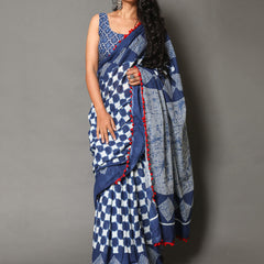 Blue & White Checked Pure Cotton Saree for Women