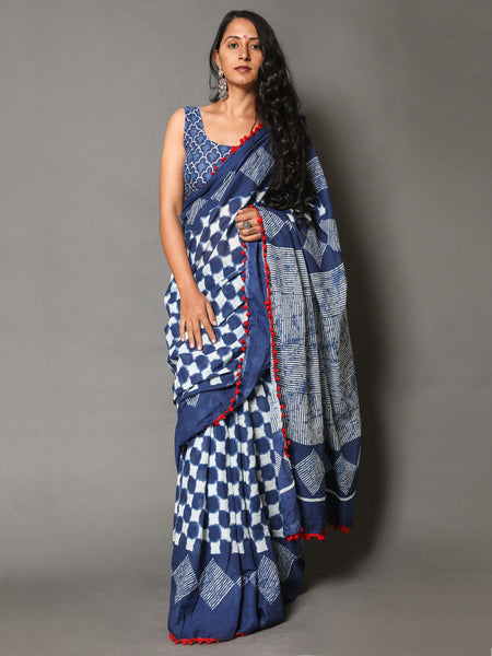 Blue & White Checked Pure Cotton Saree for Women