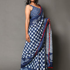 Blue & White Checked Pure Cotton Saree for Women