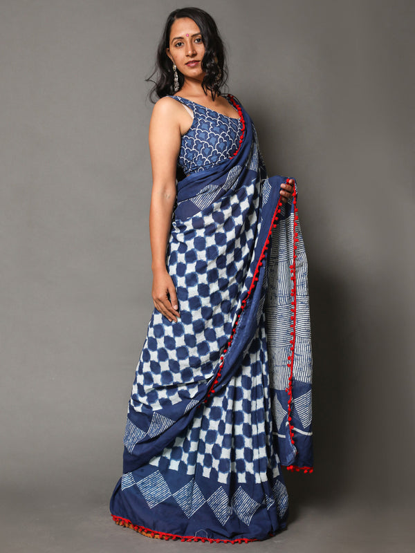 Blue & White Checked Pure Cotton Saree for Women
