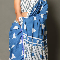 Blue & White Pure Cotton Saree for Women