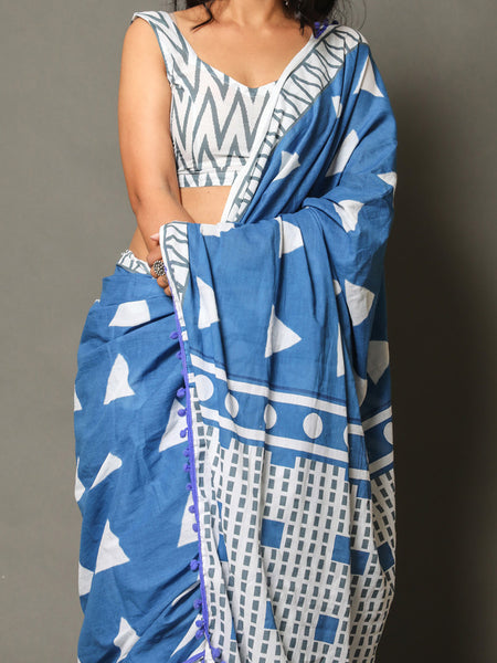 Blue & White Pure Cotton Saree for Women