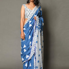 Blue & White Pure Cotton Saree for Women