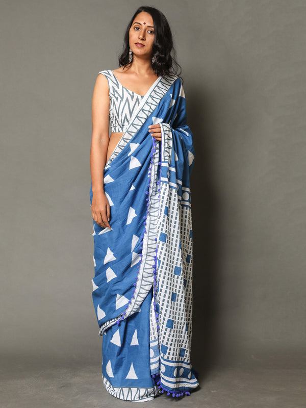 Blue & White Pure Cotton Saree for Women