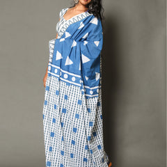 Blue & White Pure Cotton Saree for Women
