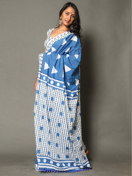 Blue & White Pure Cotton Saree for Women