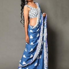 Blue & White Pure Cotton Saree for Women