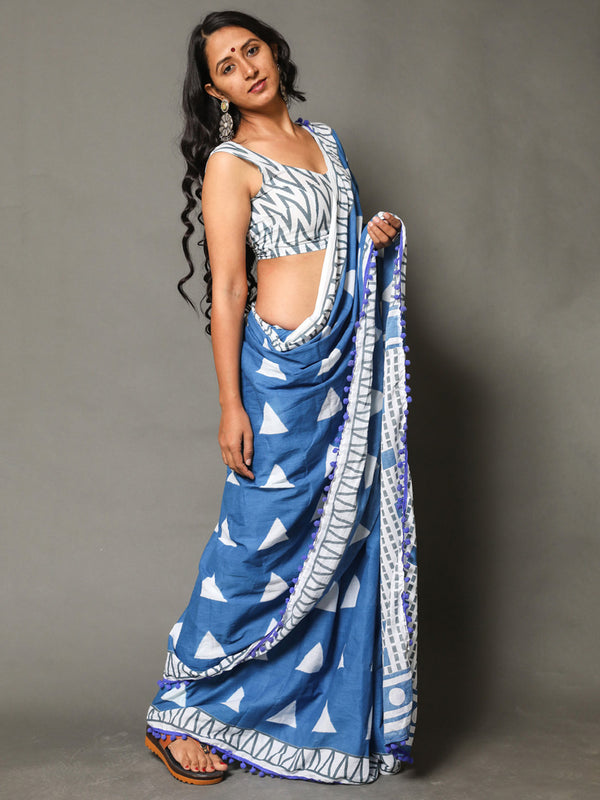Blue & White Pure Cotton Saree for Women