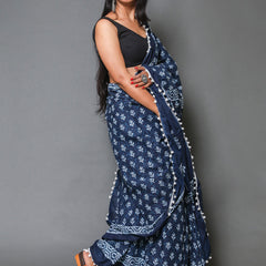 Blue & White Ethnic Motifs Pure Cotton Saree for Women