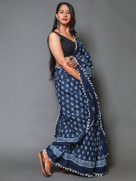 Blue & White Ethnic Motifs Pure Cotton Saree for Women