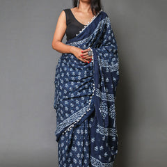 Blue & White Ethnic Motifs Pure Cotton Saree for Women