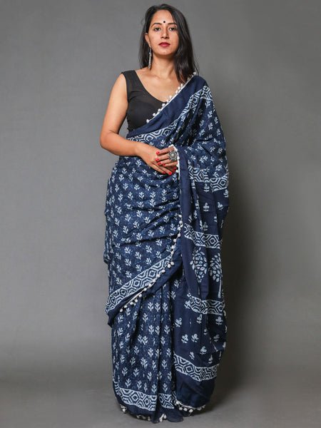 Blue & White Ethnic Motifs Pure Cotton Saree for Women