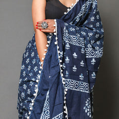 Blue & White Ethnic Motifs Pure Cotton Saree for Women