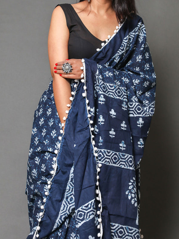 Blue & White Ethnic Motifs Pure Cotton Saree for Women