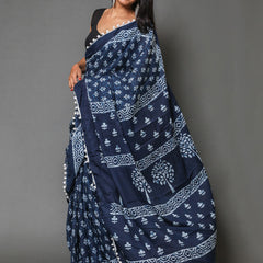 Blue & White Ethnic Motifs Pure Cotton Saree for Women