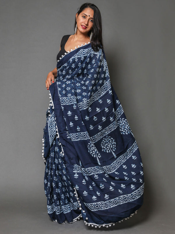 Blue & White Ethnic Motifs Pure Cotton Saree for Women