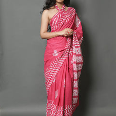 Pink & White Printed Cotton Saree for Women