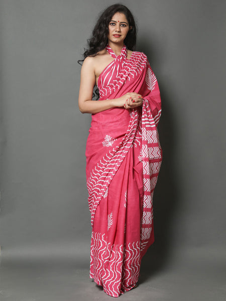 Pink & White Printed Cotton Saree for Women