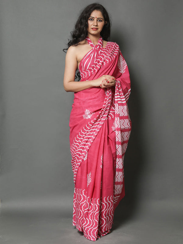 Pink & White Printed Cotton Saree for Women