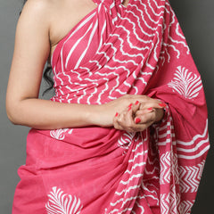Pink & White Printed Cotton Saree for Women