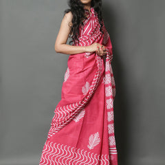 Pink & White Printed Cotton Saree for Women