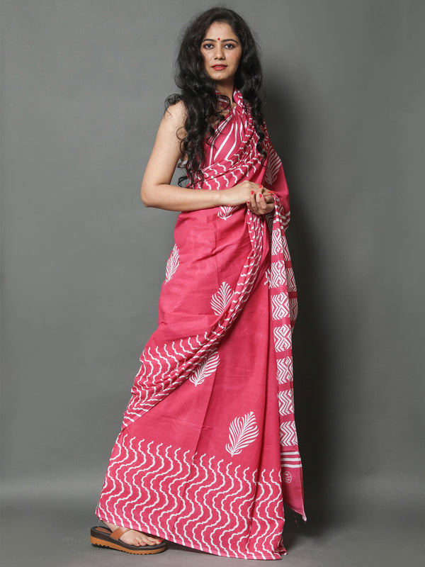 Pink & White Printed Cotton Saree for Women