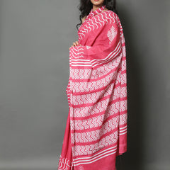 Pink & White Printed Cotton Saree for Women