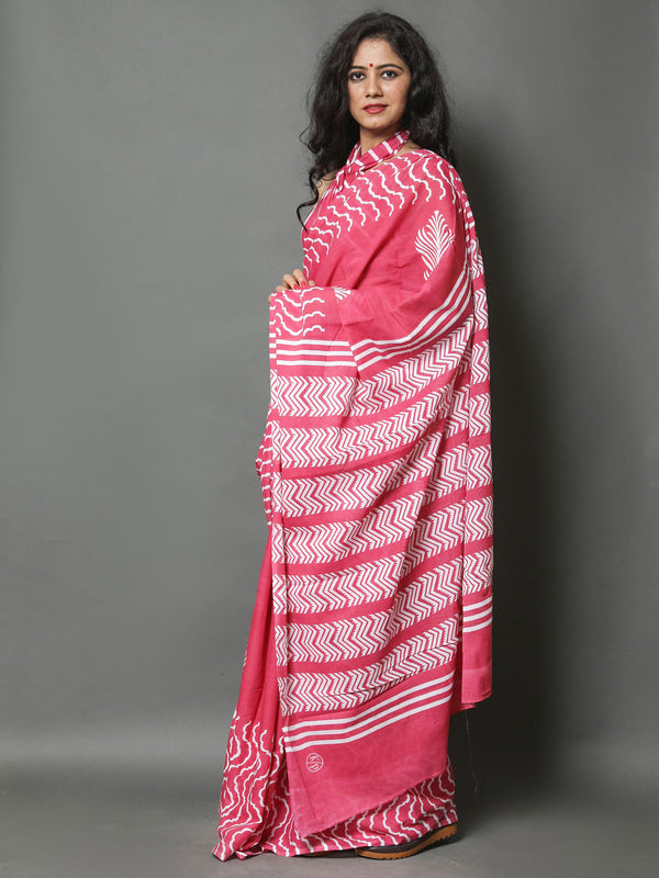 Pink & White Printed Cotton Saree for Women