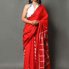 Red & White Printed Cotton Saree for Women