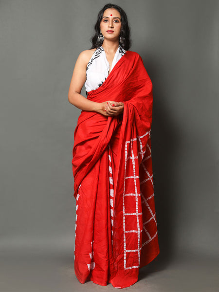 Red & White Printed Cotton Saree for Women