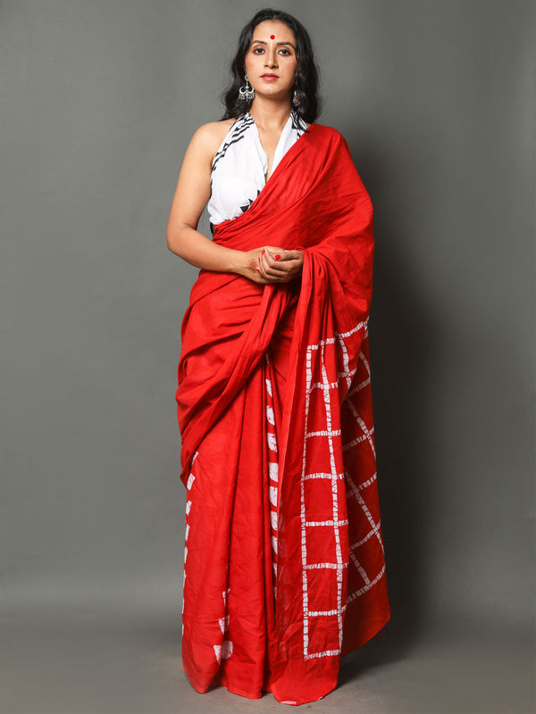 Red & White Printed Cotton Saree for Women