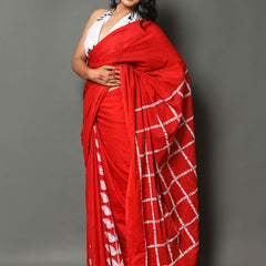 Red & White Printed Cotton Saree for Women